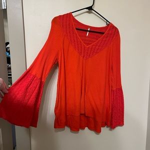 Free People Bell Sleeve Blouse Orange Red Embroidered Lace Flowy Top